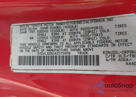 2004 Toyota Tacoma from USA, damaged, VIN 5TEVL52N14Z379938